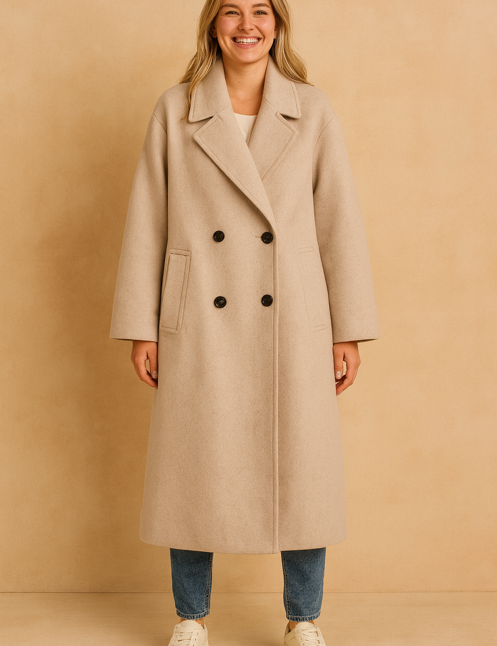 Light beige double-breasted long coat with black buttons, wide lapel collar, and side pockets, styled with jeans and sneakers for a modern casual look.