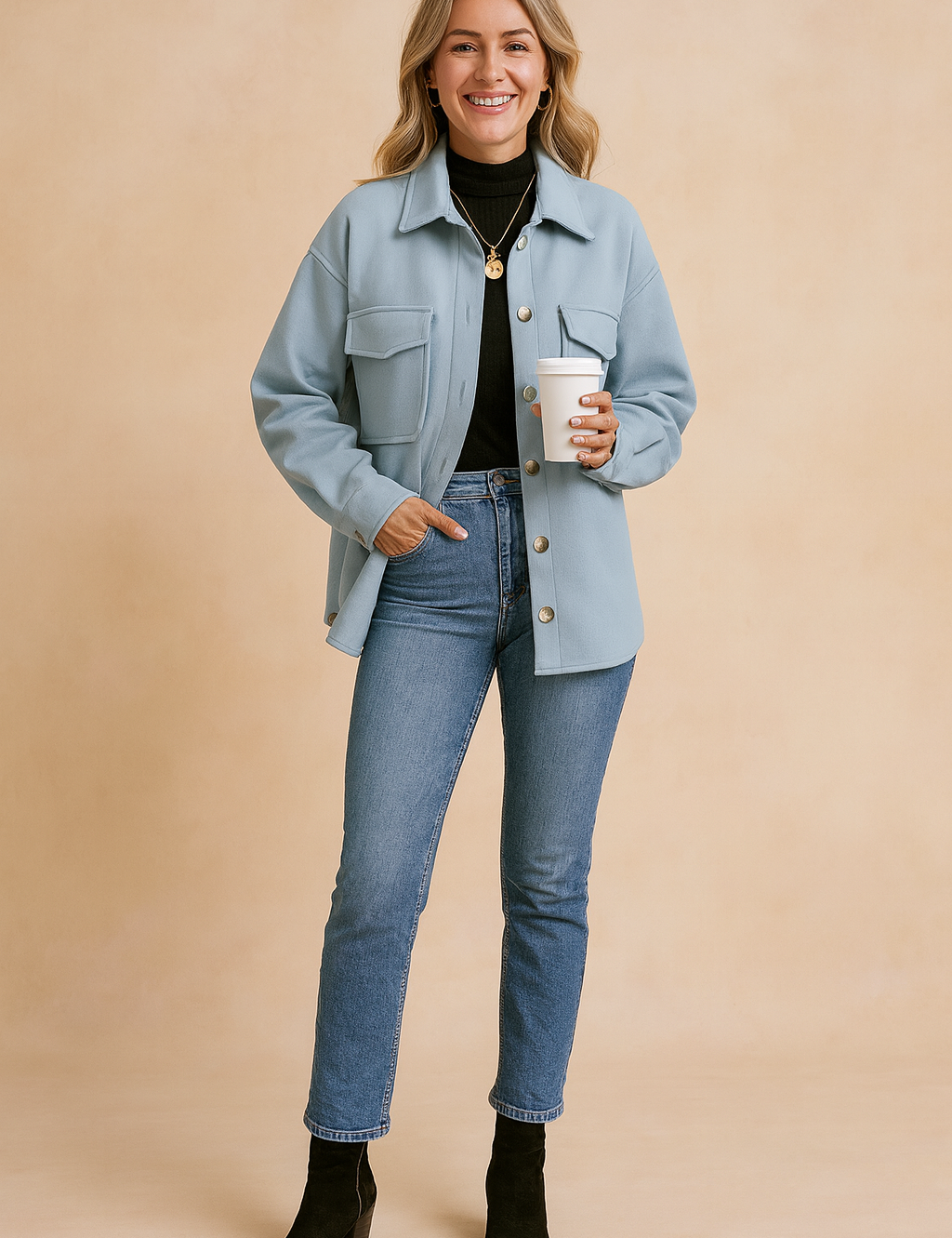 Light blue oversized button-up jacket with flap chest pockets, styled over a black turtleneck top, paired with fitted blue jeans and black ankle boots.
