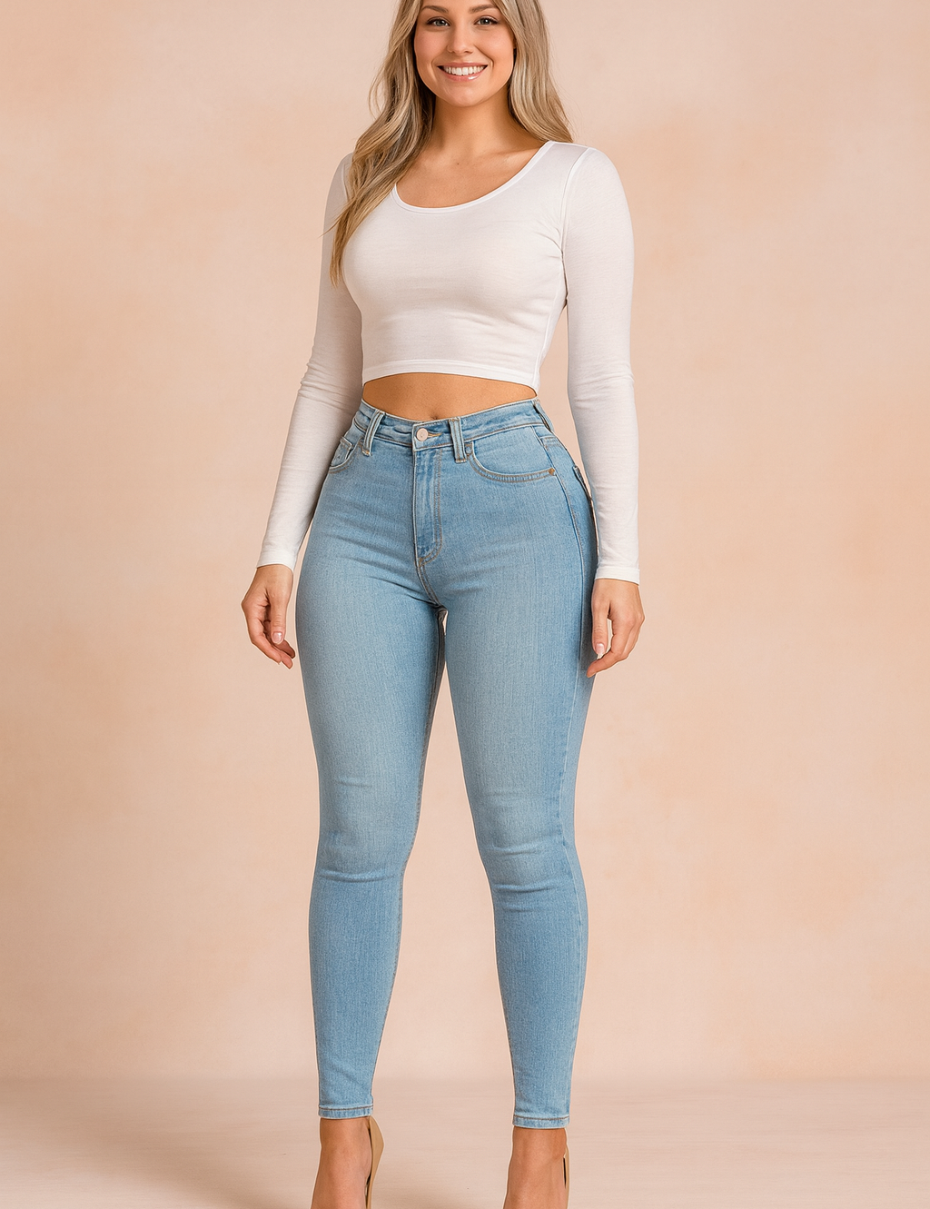 Stylish high-waist light blue skinny jeans paired with a fitted white long-sleeve crop top, designed for a flattering, modern casual look