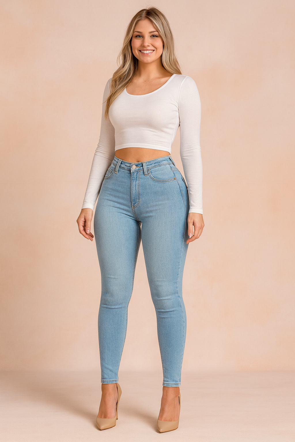 Stylish high-waist light blue skinny jeans paired with a fitted white long-sleeve crop top, designed for a flattering, modern casual look
