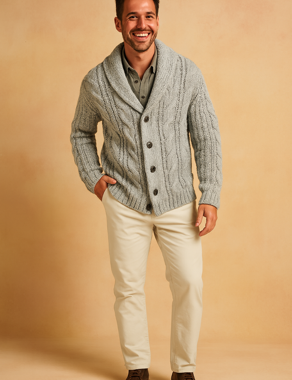 Light gray cable knit cardigan with shawl collar, button closure, layered over an olive-gray shirt, paired with off-white trousers and brown leather shoes