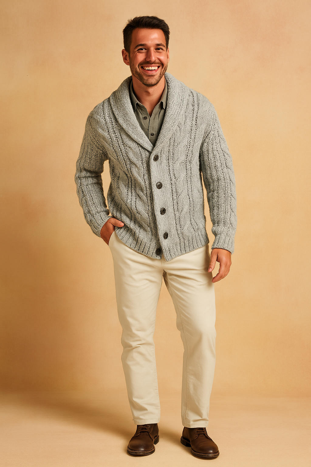 Light gray cable knit cardigan with shawl collar, button closure, layered over an olive-gray shirt, paired with off-white trousers and brown leather shoes