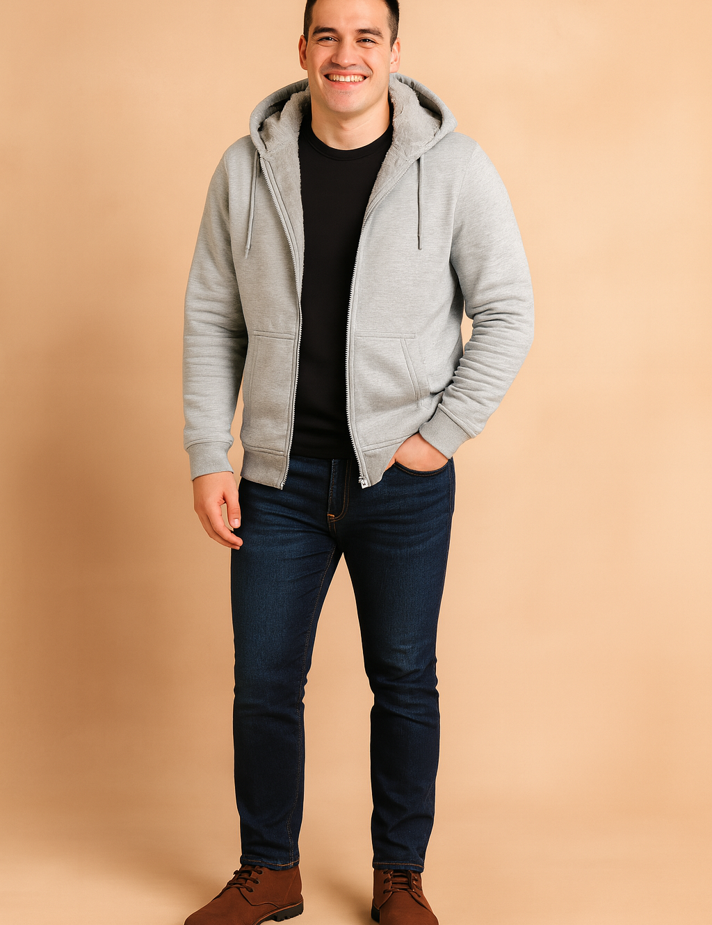 Men's light gray fleece-lined zip hoodie with adjustable drawstring hood, kangaroo pockets, ribbed cuffs, and plush sherpa interior for cozy winter wear.