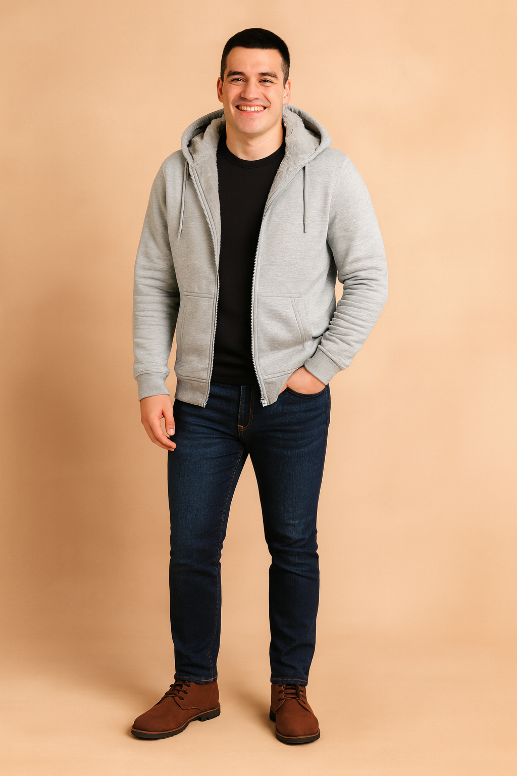 Men's light gray fleece-lined zip hoodie with adjustable drawstring hood, kangaroo pockets, ribbed cuffs, and plush sherpa interior for cozy winter wear.