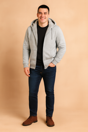 Men's light gray fleece-lined zip hoodie with adjustable drawstring hood, kangaroo pockets, ribbed cuffs, and plush sherpa interior for cozy winter wear.