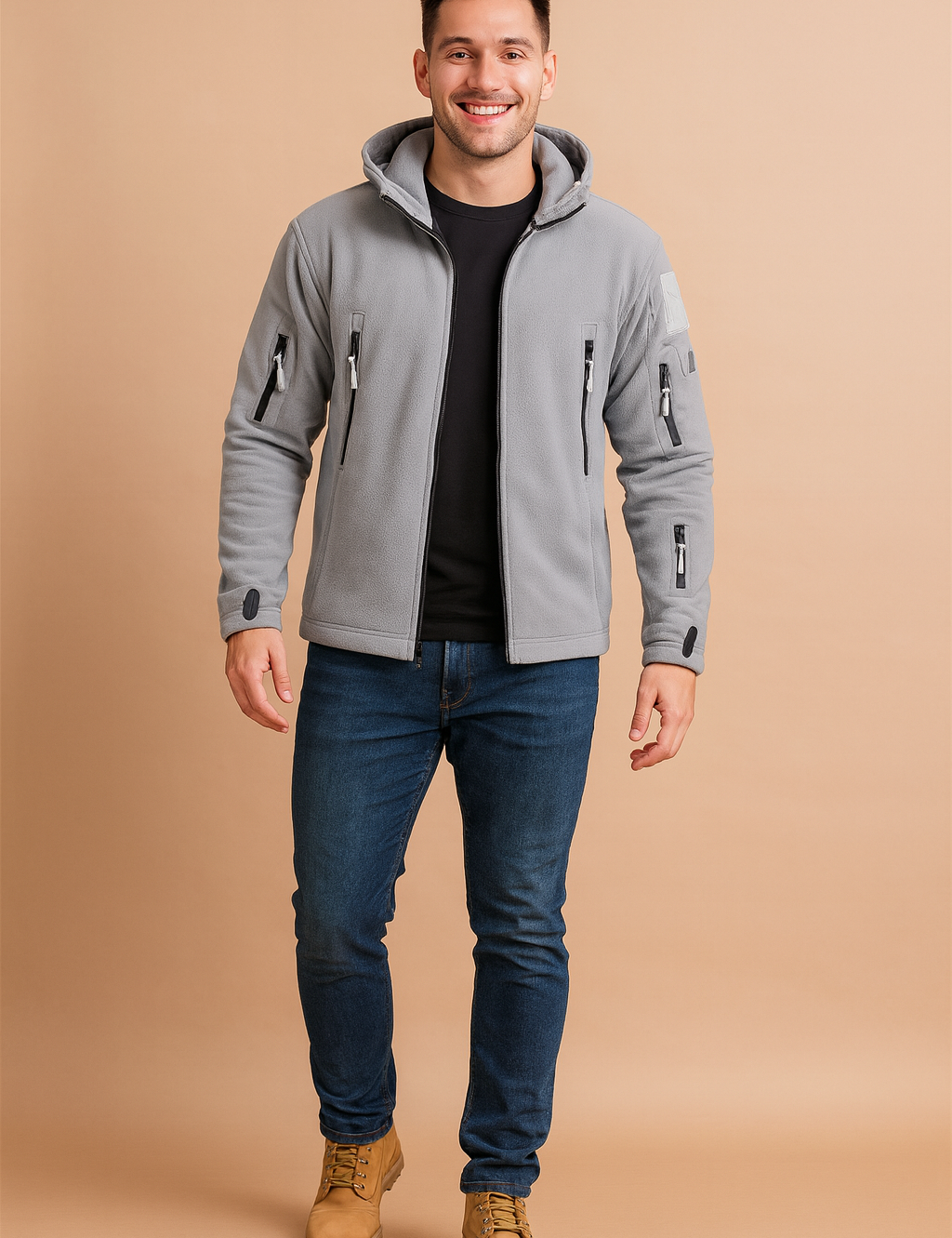 Men’s tactical fleece jacket in light gray with multiple zippered pockets, thumbhole sleeves, and a high-neck hooded design for warmth and durability.