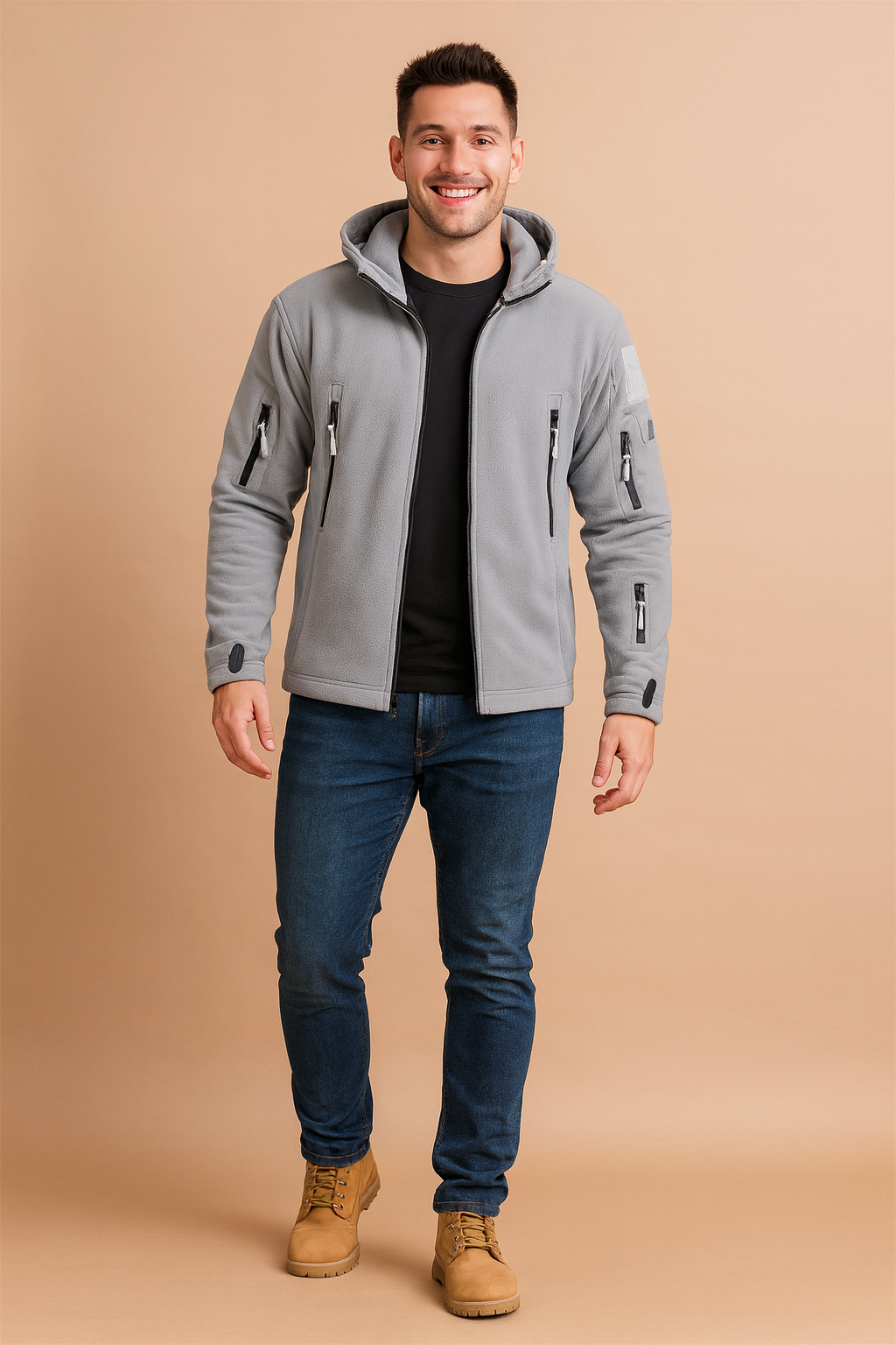 Men’s tactical fleece jacket in light gray with multiple zippered pockets, thumbhole sleeves, and a high-neck hooded design for warmth and durability.
