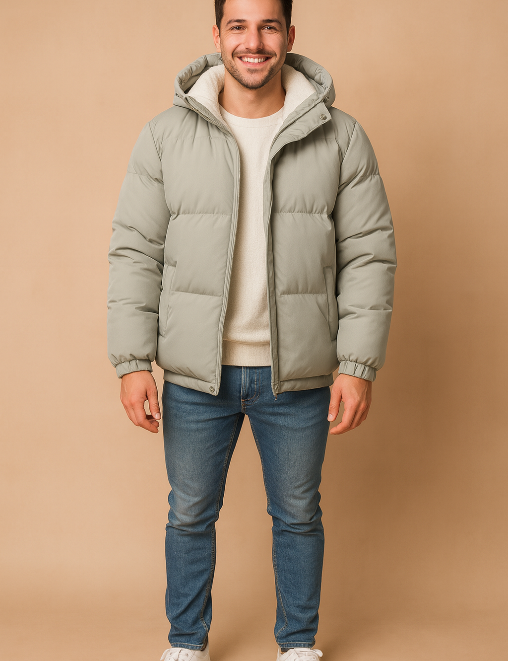 Men’s light gray puffer jacket with hood and fleece lining, featuring front zipper closure, elastic cuffs, and a warm quilted design for winter wear.