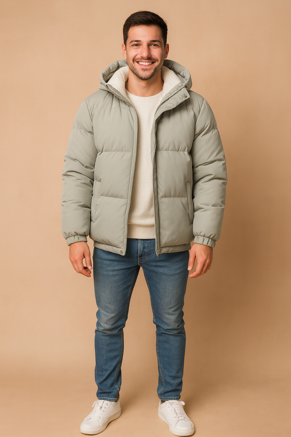 Men’s light gray puffer jacket with hood and fleece lining, featuring front zipper closure, elastic cuffs, and a warm quilted design for winter wear.