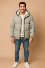 Men’s light gray puffer jacket with hood and fleece lining, featuring front zipper closure, elastic cuffs, and a warm quilted design for winter wear.