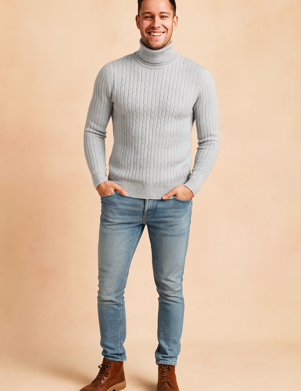 Men's slim-fit light grey cable knit turtleneck sweater with ribbed cuffs and hem, designed for a modern and elegant winter look