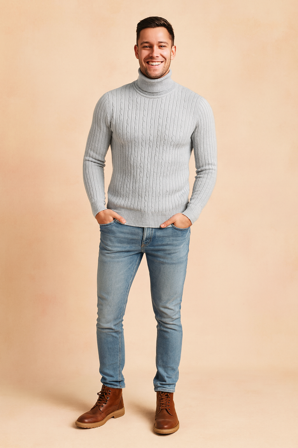 Men's slim-fit light grey cable knit turtleneck sweater with ribbed cuffs and hem, designed for a modern and elegant winter look