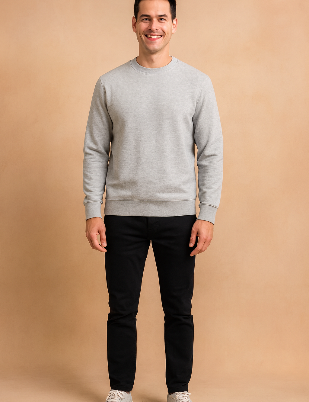 Light grey crewneck sweatshirt with ribbed cuffs and hem, styled for casual comfort and modern versatility.