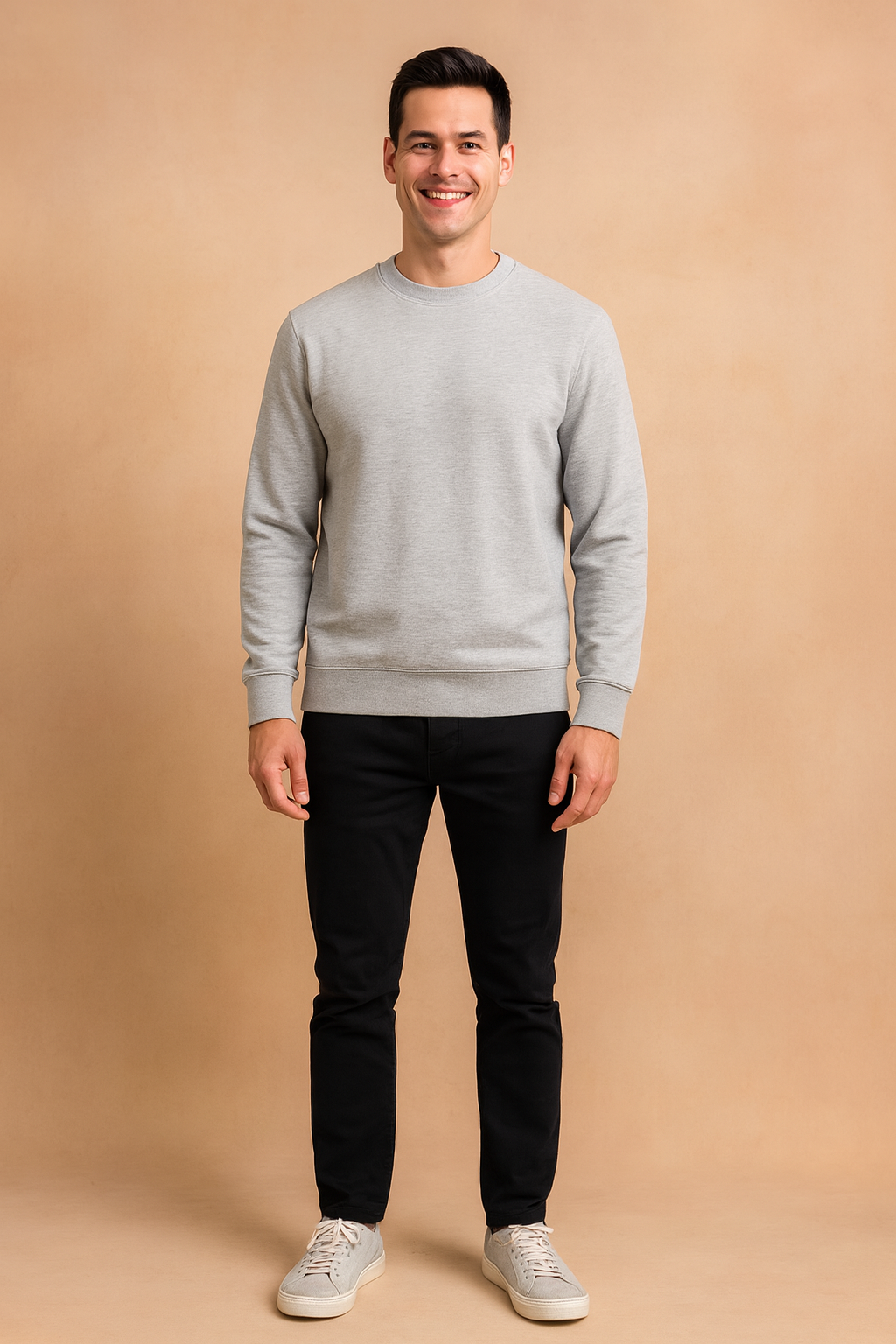 Light grey crewneck sweatshirt with ribbed cuffs and hem, styled for casual comfort and modern versatility.