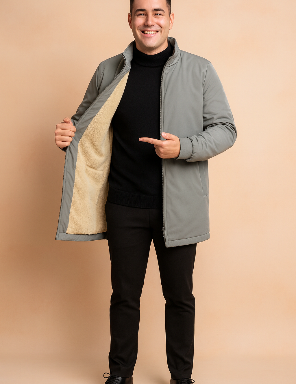 Men’s light grey bomber jacket with full zip closure, ribbed cuffs, and beige faux fur lining for warmth, featuring side zip pocket and minimalist modern cut.