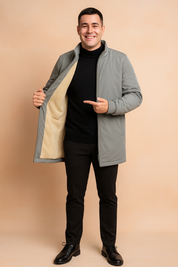 Men’s light grey bomber jacket with full zip closure, ribbed cuffs, and beige faux fur lining for warmth, featuring side zip pocket and minimalist modern cut.
