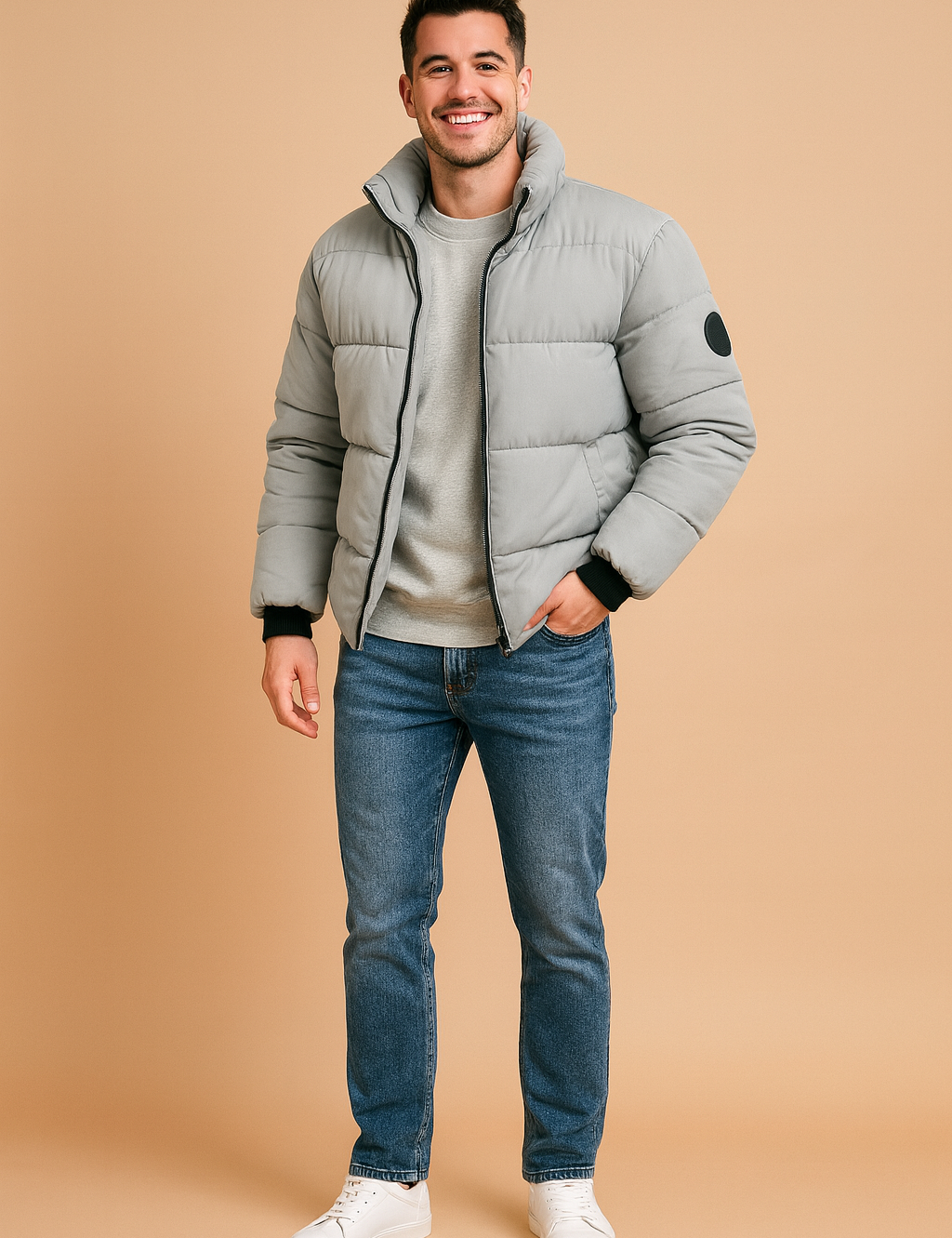 Light grey padded puffer jacket with high collar, black zipper, ribbed cuffs, and circular patch on the arm, paired with casual jeans and white sneakers.