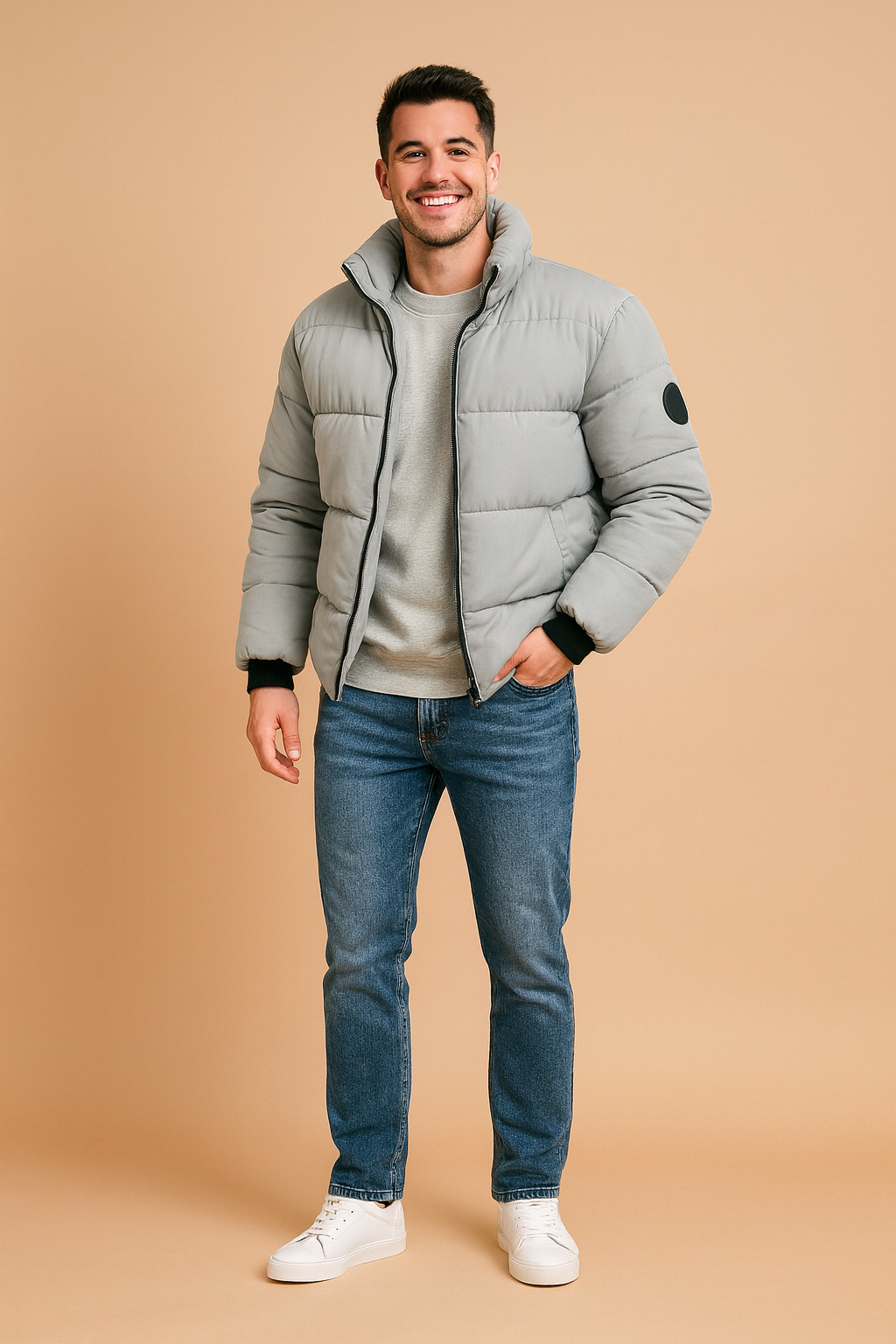 Light grey padded puffer jacket with high collar, black zipper, ribbed cuffs, and circular patch on the arm, paired with casual jeans and white sneakers.