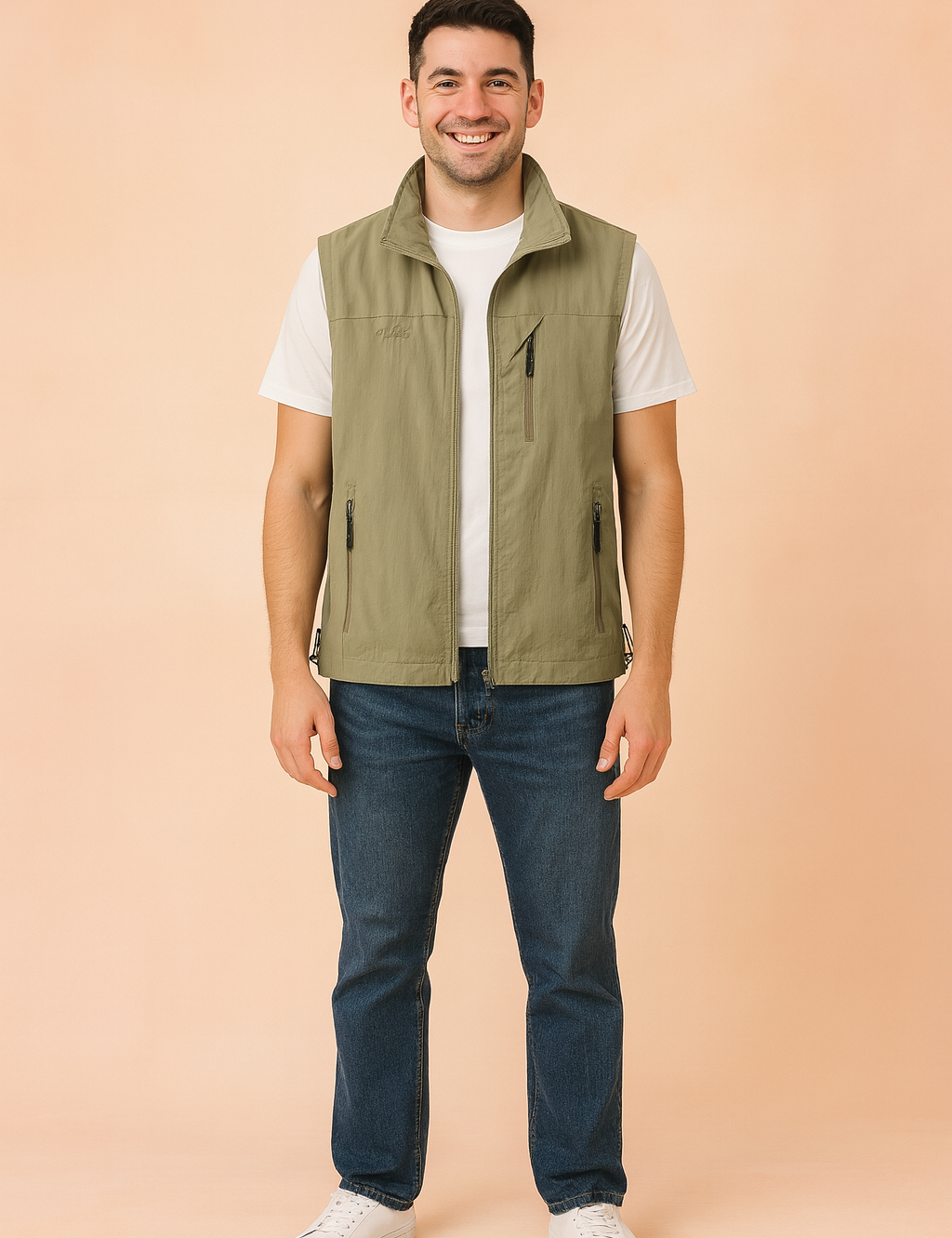 Light khaki sleeveless outdoor vest with zip closure, high collar, and multiple zippered pockets, styled over a white t-shirt.