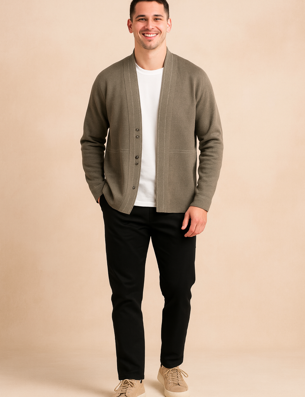Light olive green men's button-up cardigan with wide shawl collar and subtle horizontal seam detailing; minimalist design with fine contrast stitching and clean front finish over a plain white inner shirt.
