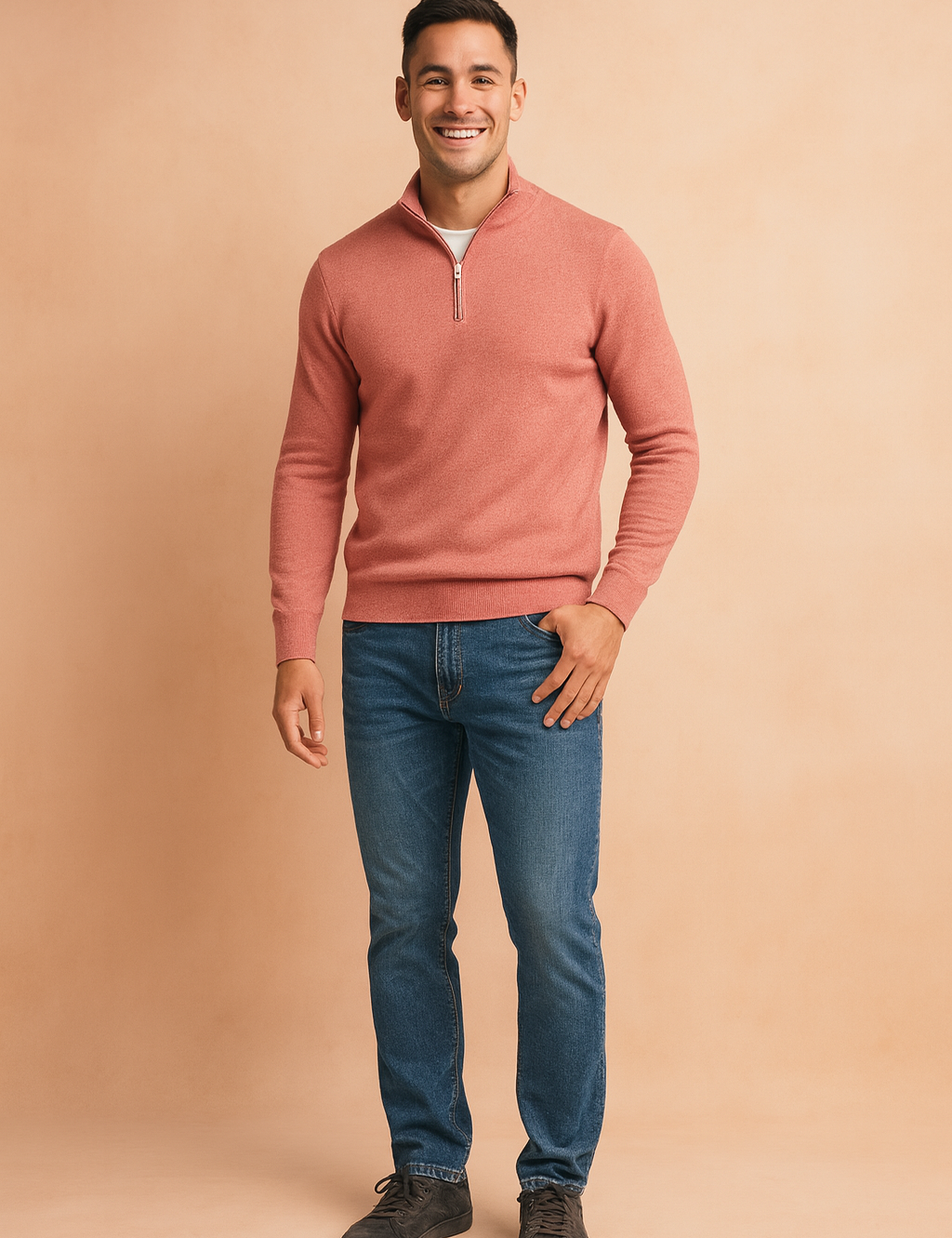 Light red zip-neck sweater with subtle ribbed knit texture, styled with classic blue denim jeans and casual dark sneakers.