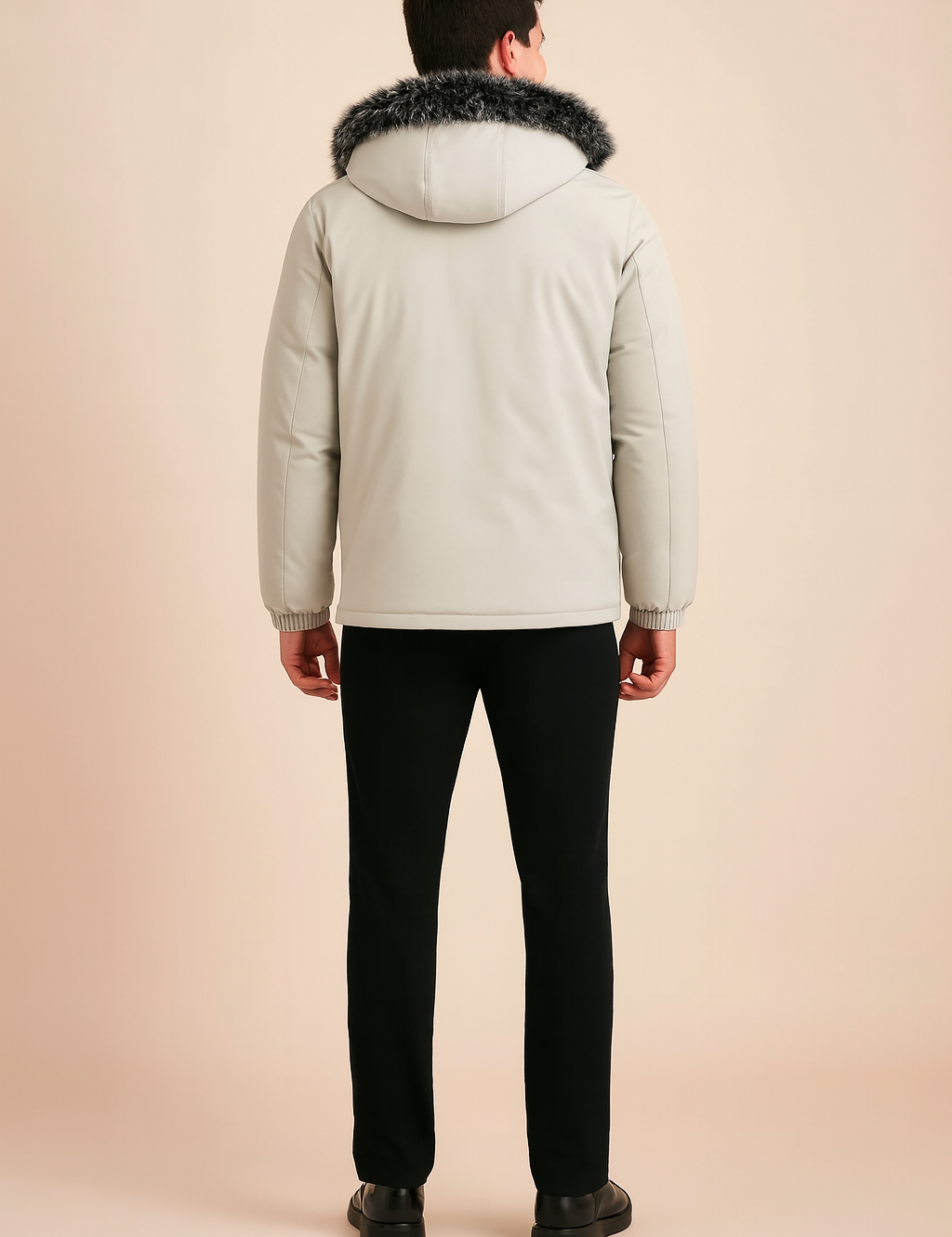 Men’s winter parka in light gray with faux fur-trimmed hood, straight cut back, long sleeves, and subtle seam detailing for a sleek cold-weather look.