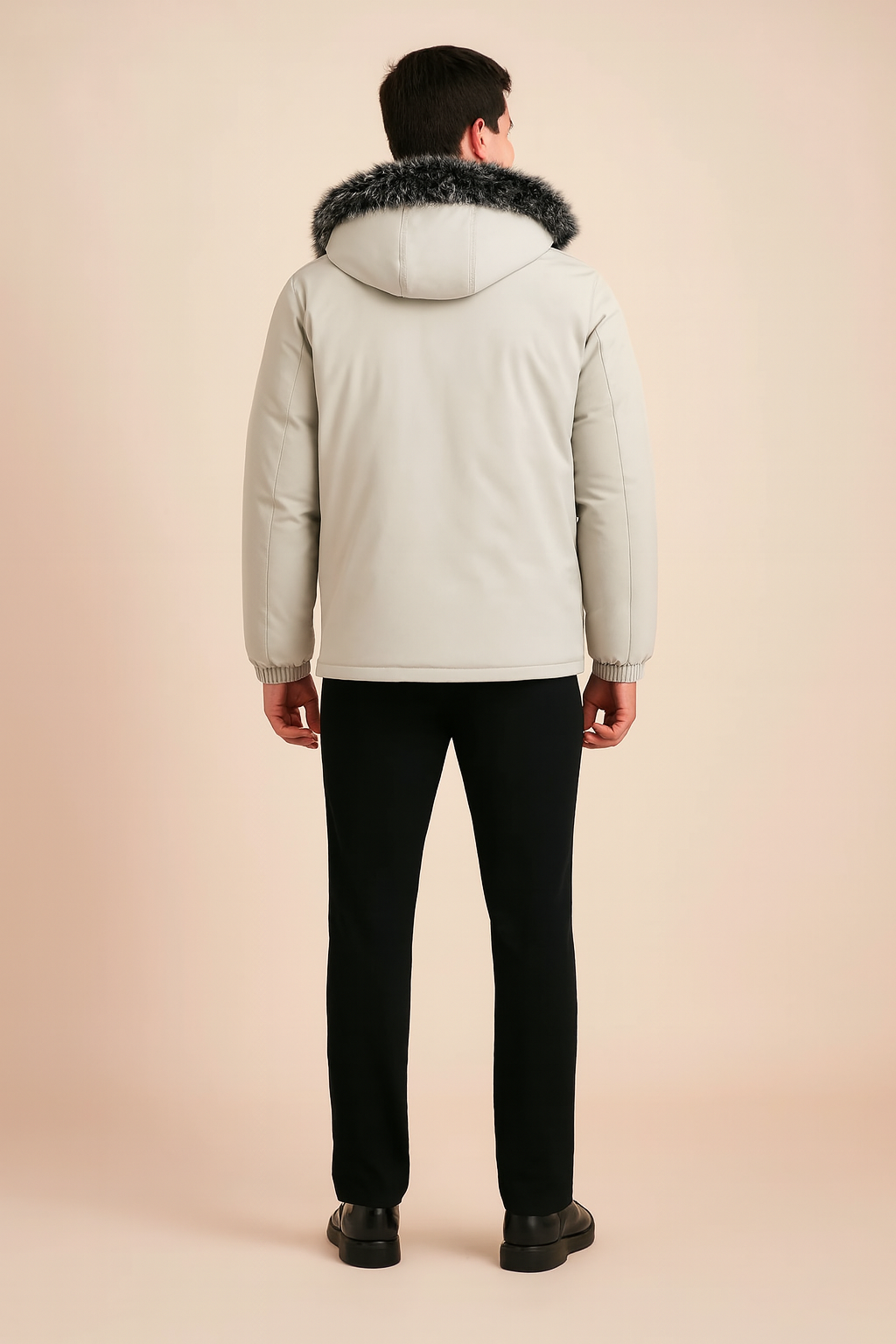 Men’s winter parka in light gray with faux fur-trimmed hood, straight cut back, long sleeves, and subtle seam detailing for a sleek cold-weather look.
