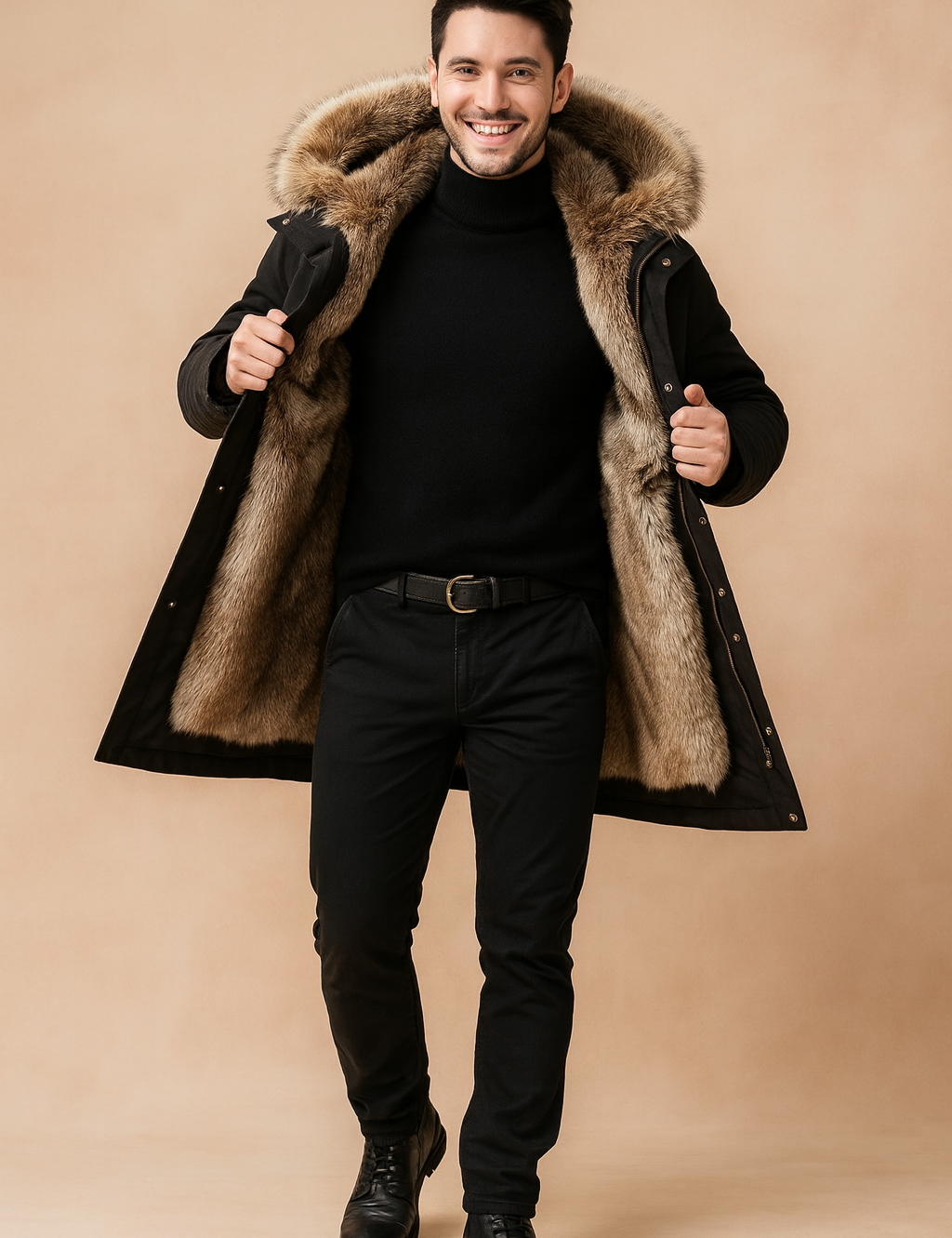 Men’s luxury long coat with thick faux fur inner lining and oversized fur hood trim in silver-gray tones; styled over a fitted black turtleneck and classic black trousers; features elegant button accents and soft outer matte finish for a sophisticated winter look.
