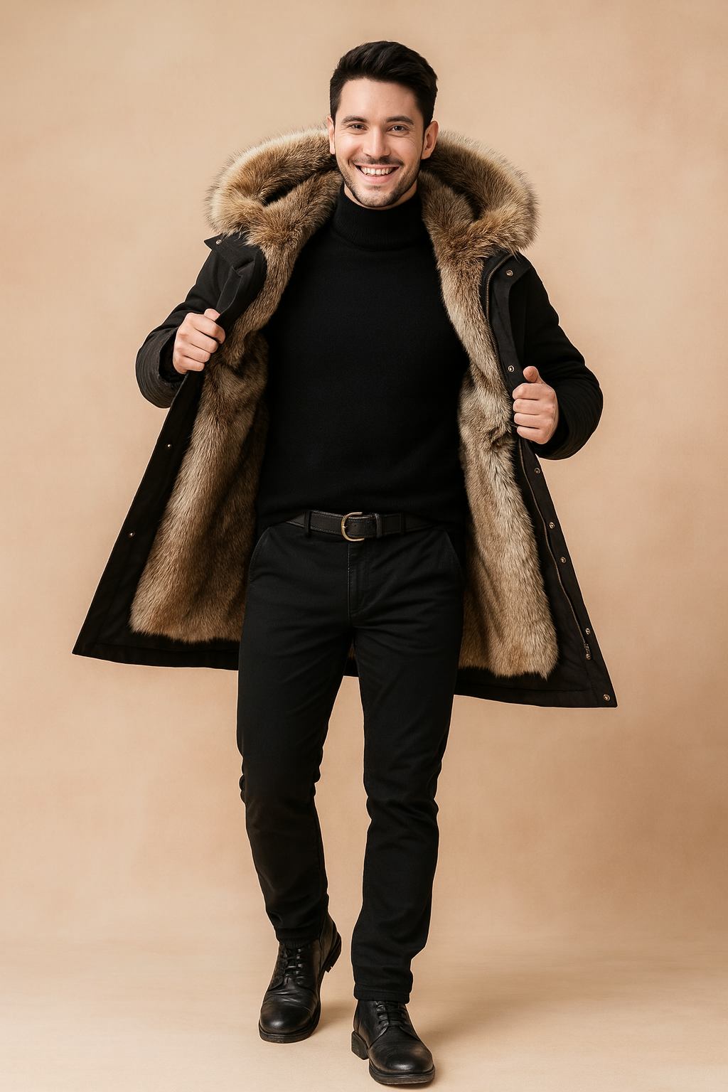 Men’s luxury long coat with thick faux fur inner lining and oversized fur hood trim in silver-gray tones; styled over a fitted black turtleneck and classic black trousers; features elegant button accents and soft outer matte finish for a sophisticated winter look.
