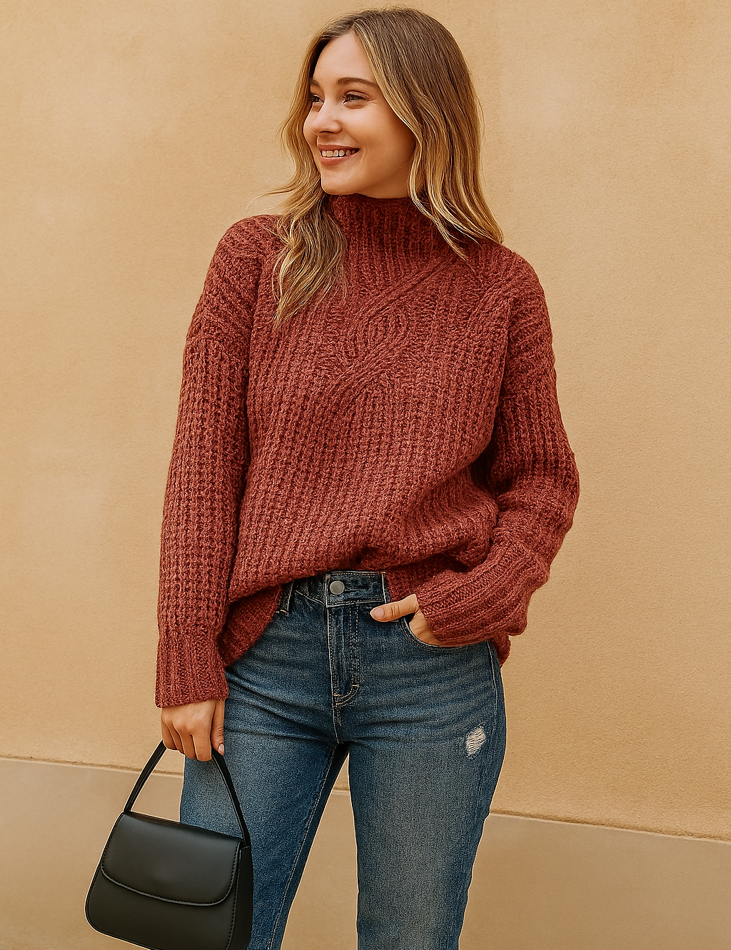 Textured maroon cable-knit turtleneck sweater with ribbed cuffs and hem, styled with distressed dark blue jeans and a structured black handbag