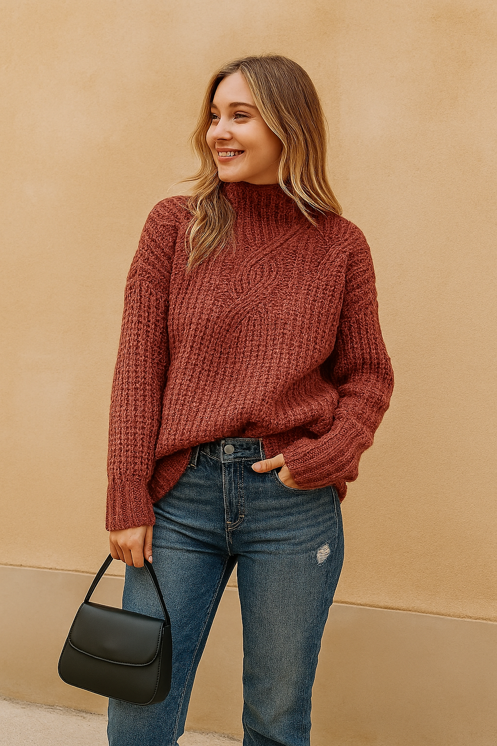 Textured maroon cable-knit turtleneck sweater with ribbed cuffs and hem, styled with distressed dark blue jeans and a structured black handbag