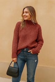 Textured maroon cable-knit turtleneck sweater with ribbed cuffs and hem, styled with distressed dark blue jeans and a structured black handbag