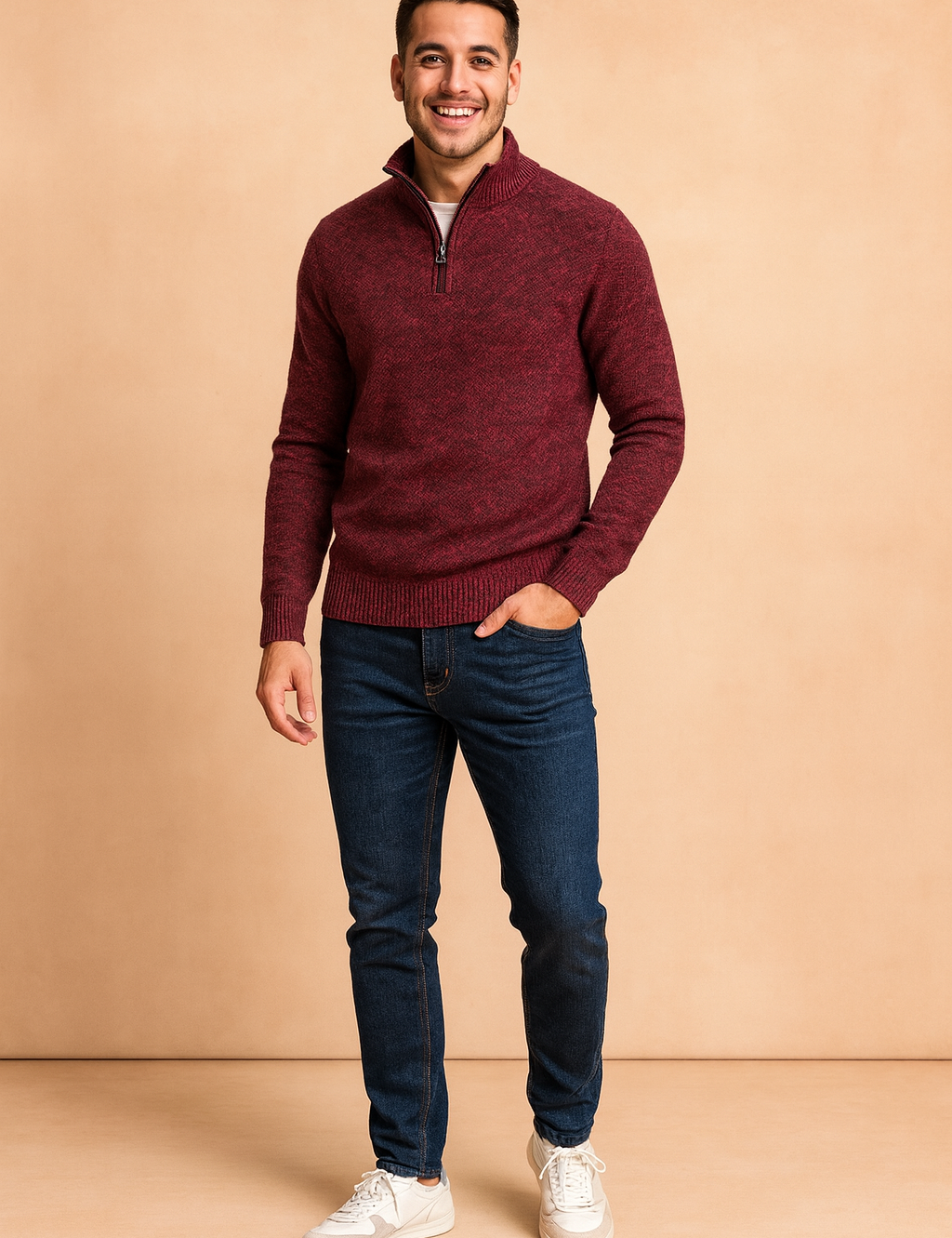 Men’s maroon zip-neck knitted sweater with textured heathered fabric, ribbed cuffs and hem, offering a modern casual yet warm look.