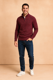 Men’s maroon zip-neck knitted sweater with textured heathered fabric, ribbed cuffs and hem, offering a modern casual yet warm look.