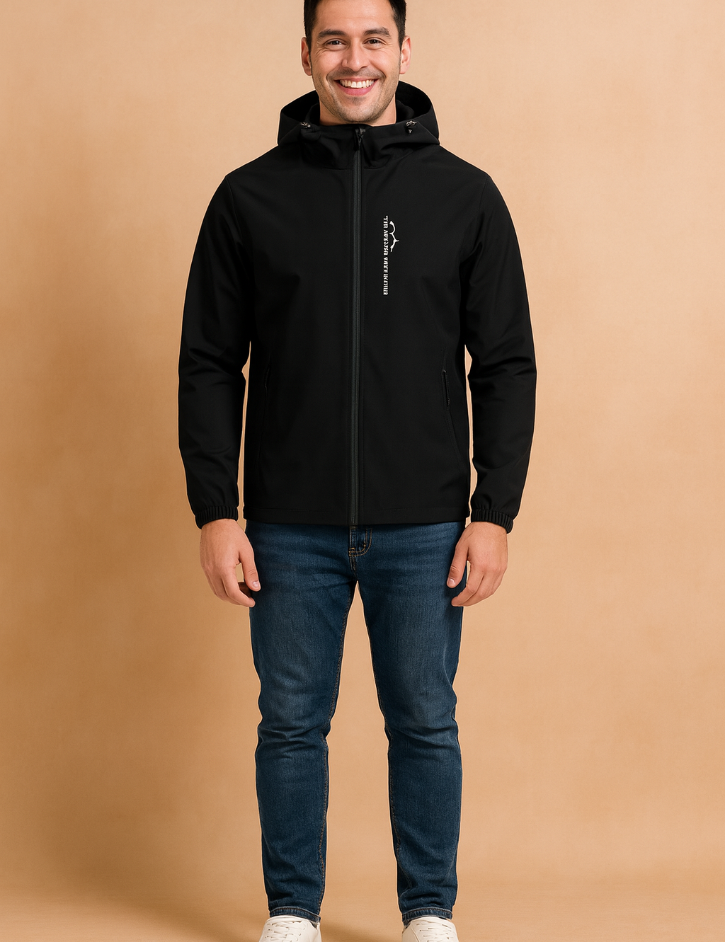 "Men's black softshell outdoor jacket with hood, featuring full front zipper, long sleeves with elastic cuffs, and lightweight breathable fabric designed for active wear."
