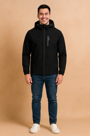 "Men's black softshell outdoor jacket with hood, featuring full front zipper, long sleeves with elastic cuffs, and lightweight breathable fabric designed for active wear."