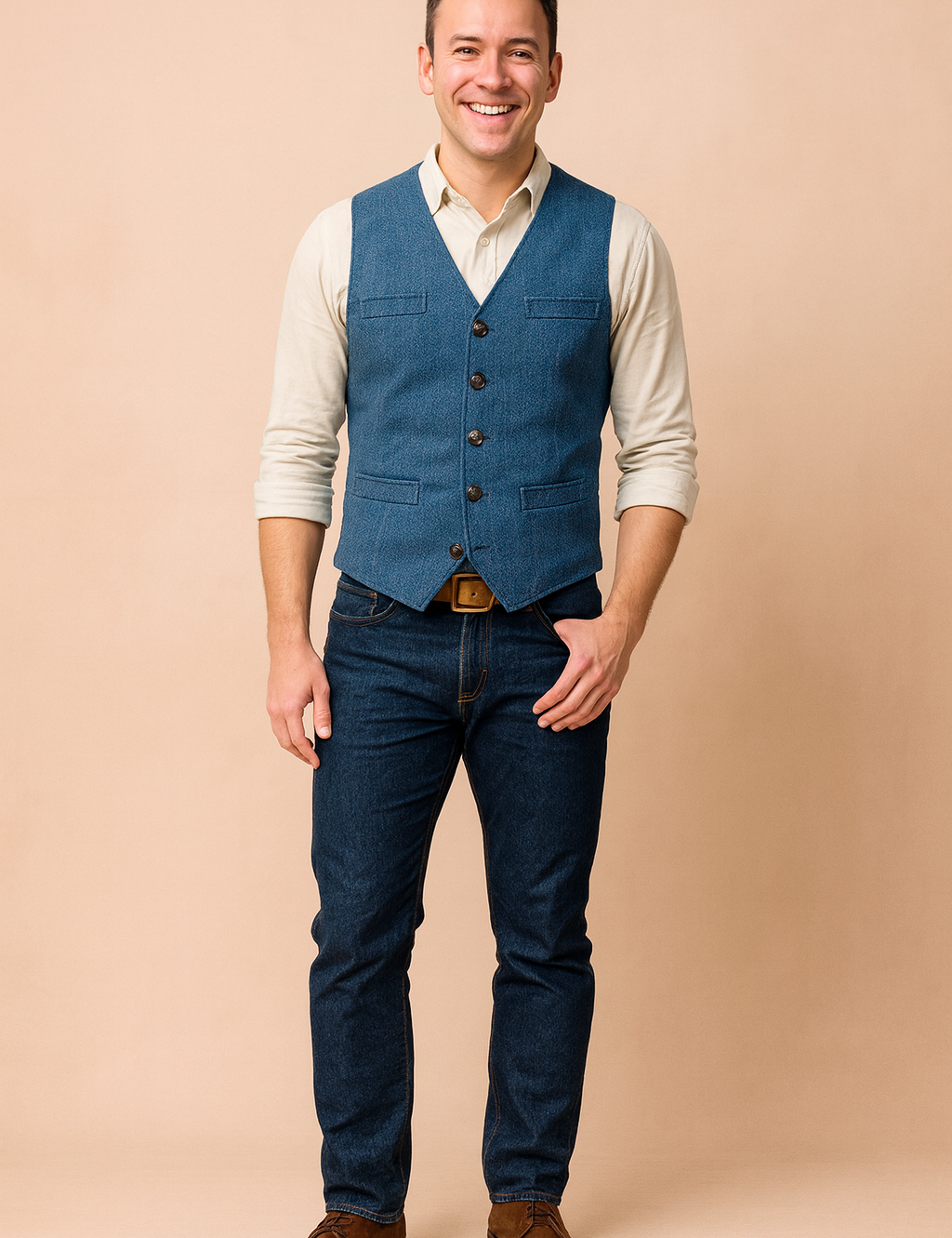 Classic men’s vintage blue buttoned vest with tailored fit, featuring front pockets and textured fabric for a timeless, elegant look.