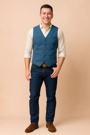 Classic men’s vintage blue buttoned vest with tailored fit, featuring front pockets and textured fabric for a timeless, elegant look.