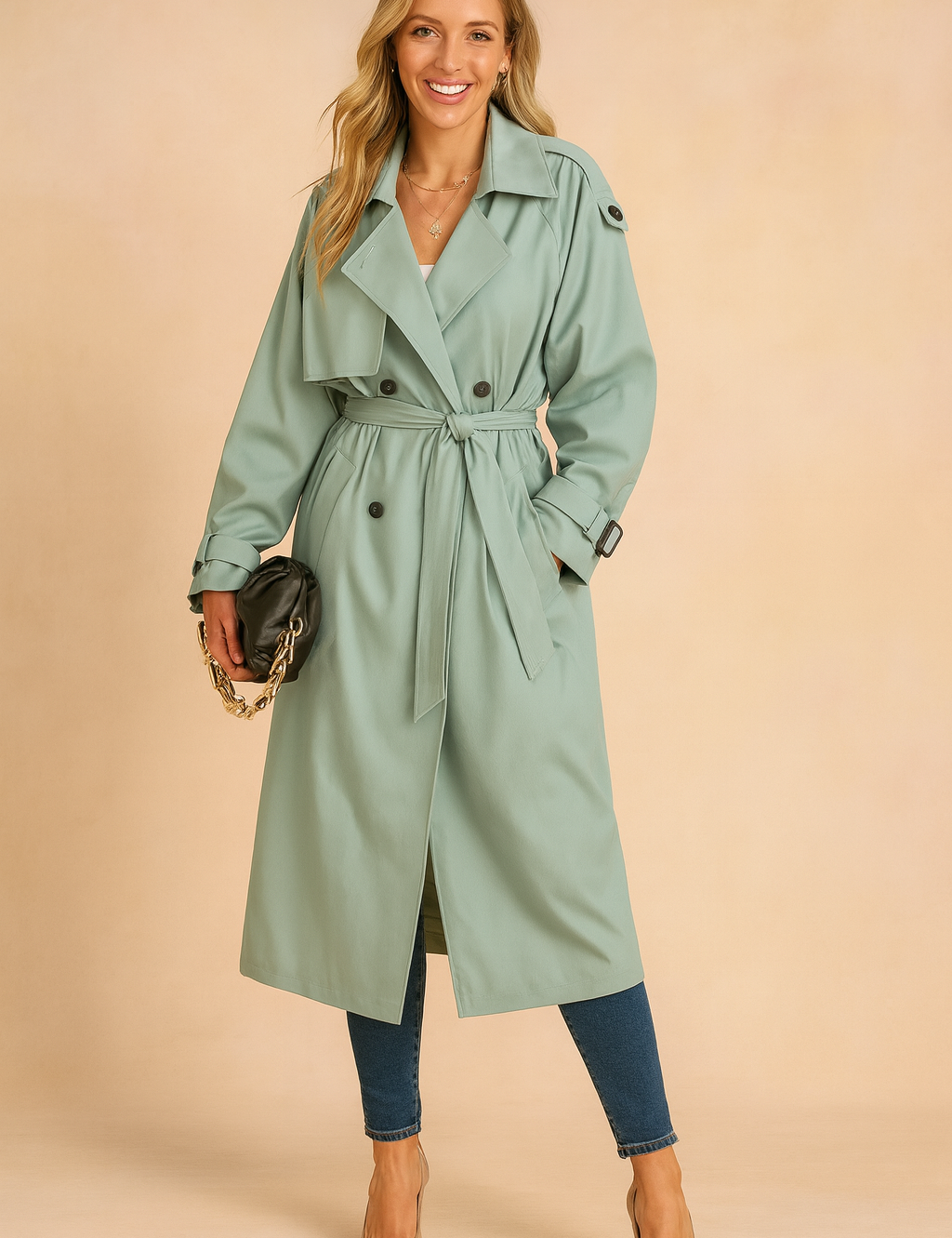 Mint green double-breasted trench coat with waist belt, epaulets, and side pockets styled with skinny jeans and beige heels.