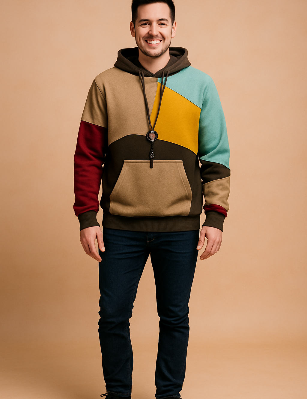 Color-block patchwork hoodie with geometric panels in camel beige, wine red, sky blue, mustard yellow, and deep brown, featuring a large front kangaroo pocket, soft fabric texture, and a casual streetwear silhouette.