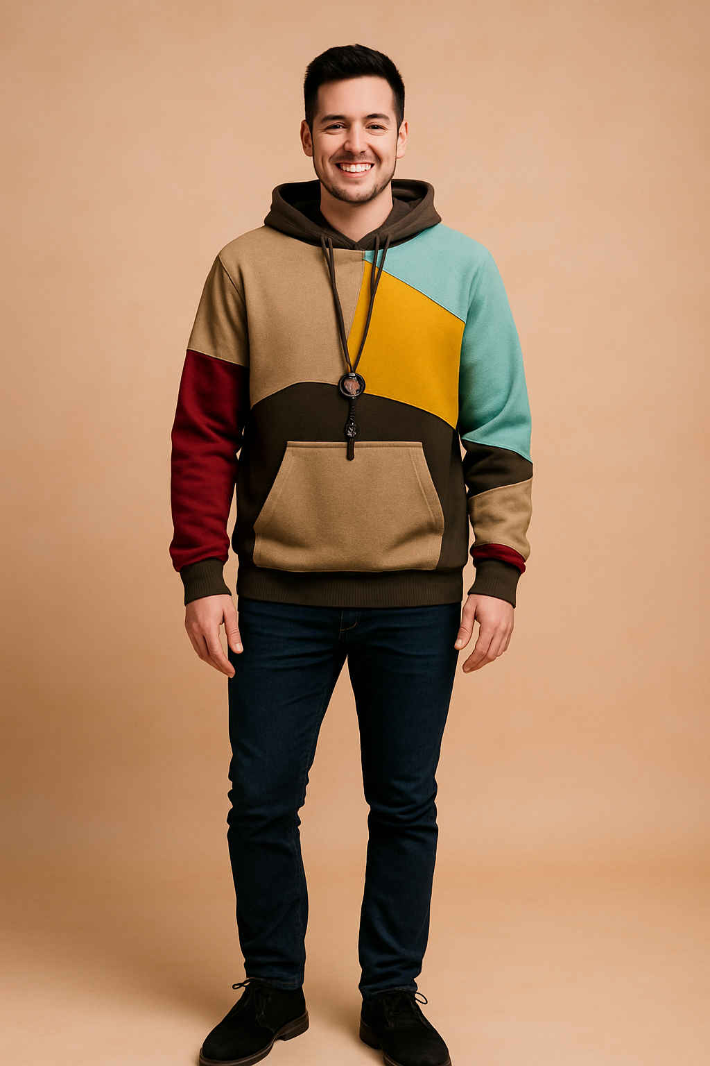 Color-block patchwork hoodie with geometric panels in camel beige, wine red, sky blue, mustard yellow, and deep brown, featuring a large front kangaroo pocket, soft fabric texture, and a casual streetwear silhouette.