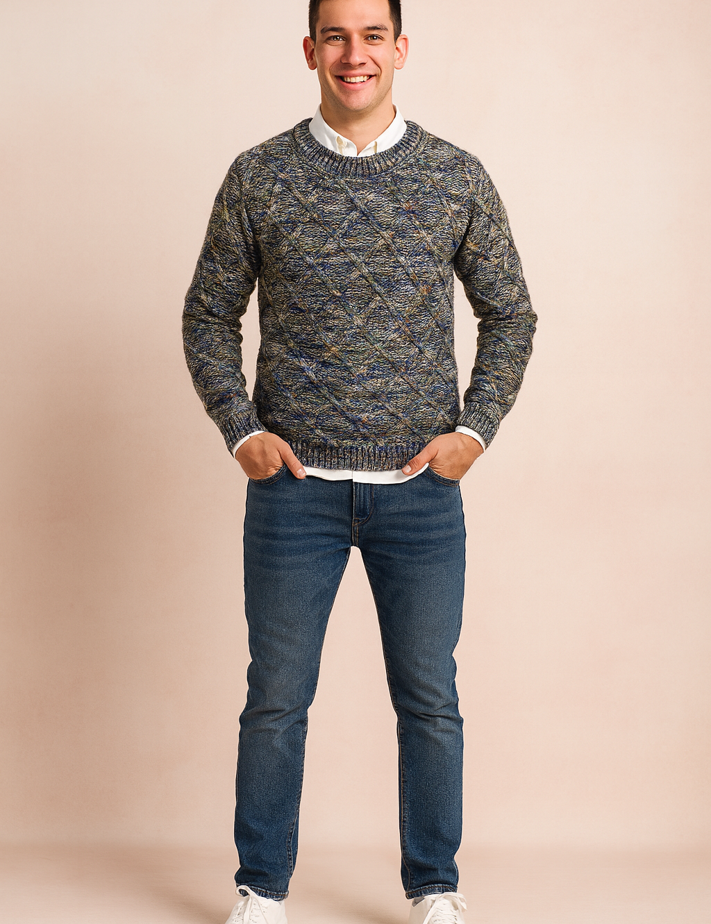 Multicolor diamond-pattern knit sweater in blue, gray, and beige tones, styled with a white shirt underneath, slim-fit jeans, and white sneakers for a smart-casual look.