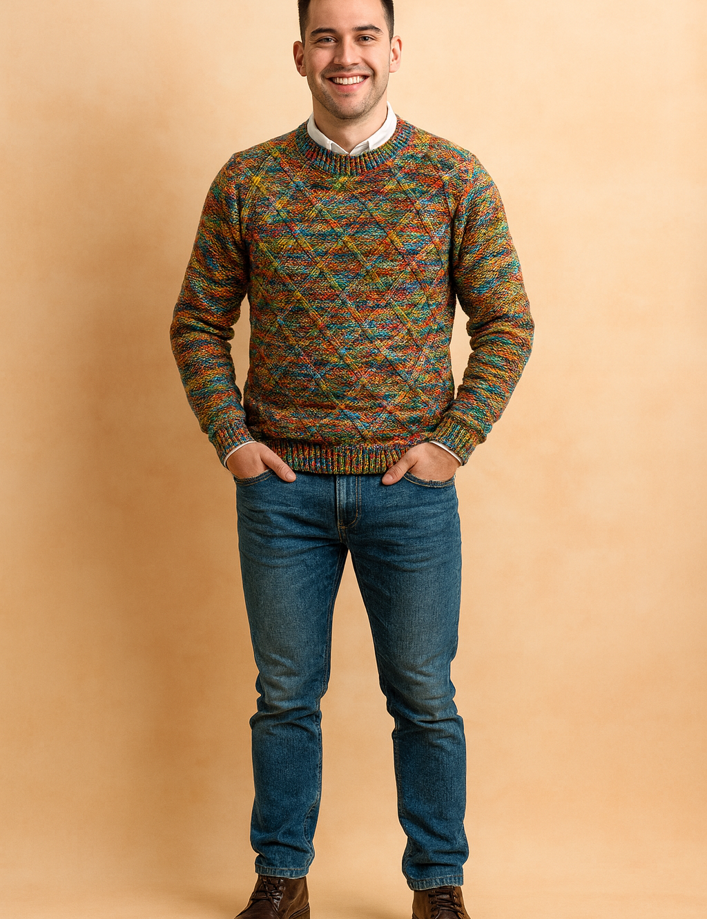 Vibrant multicolor knit pullover sweater with a diamond cable pattern, featuring rich tones of orange, blue, yellow, and black, intricately woven in a textured finish for a cozy and stylish winter look.