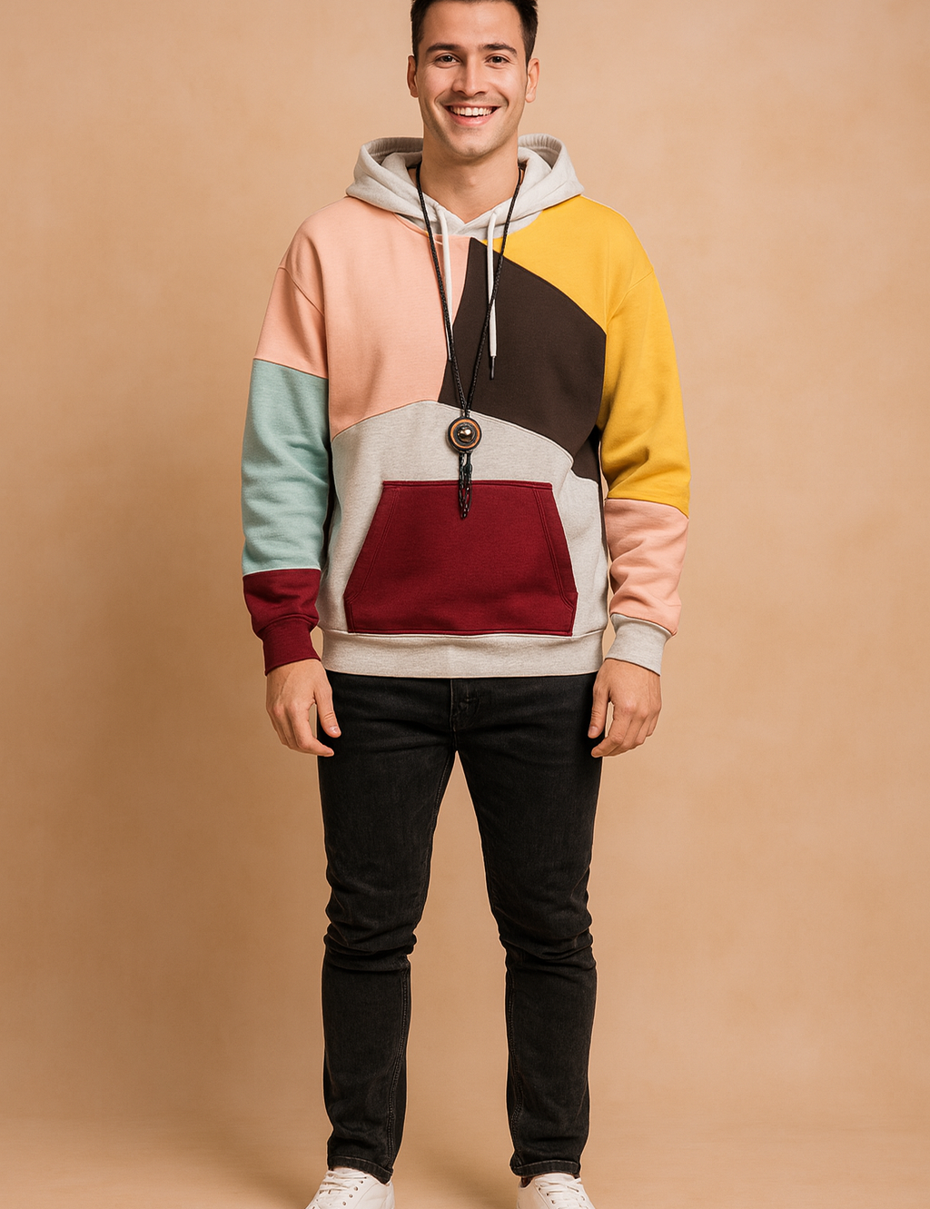 Color-block patchwork hoodie for men with kangaroo pocket in pink, yellow, blue, burgundy, and grey tones.