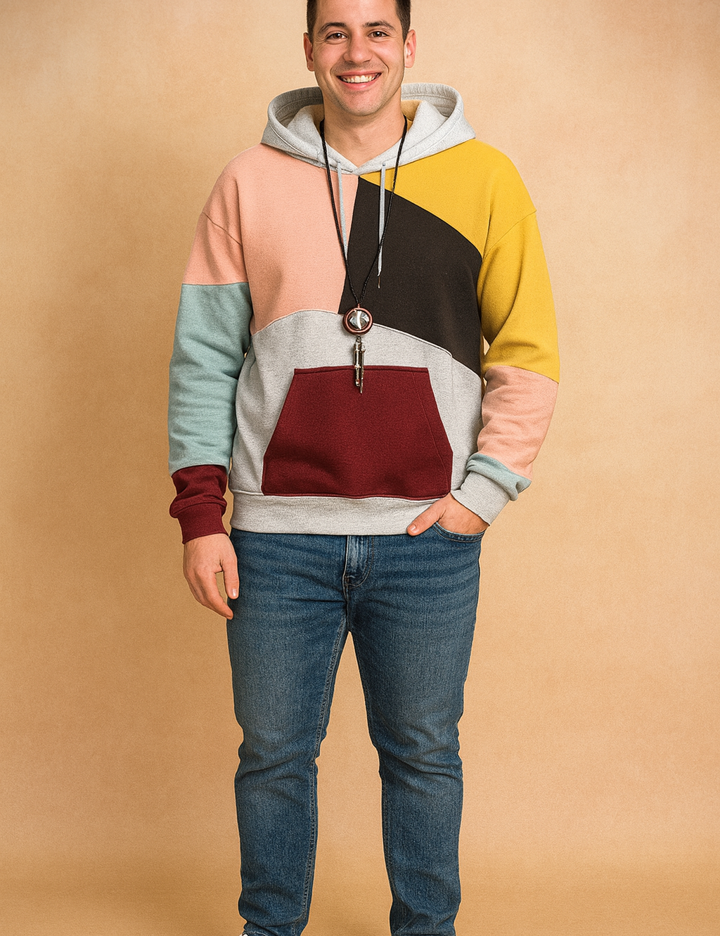 Multicolor patchwork hoodie with pastel yellow, pink, blue, burgundy, brown, and gray panels, featuring a kangaroo pocket and drawstrings, styled with jeans and white sneakers.