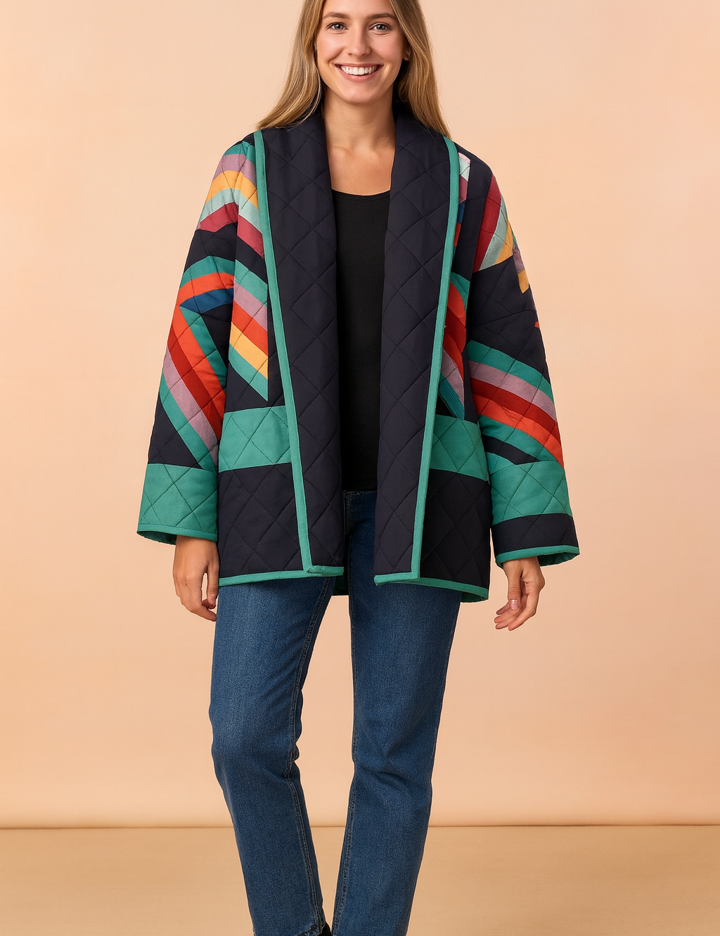 Quilted kimono-style jacket with bold geometric pattern in navy, teal, red, and multicolor accents, featuring a straight open front, wide sleeves, and precise diamond stitching details.