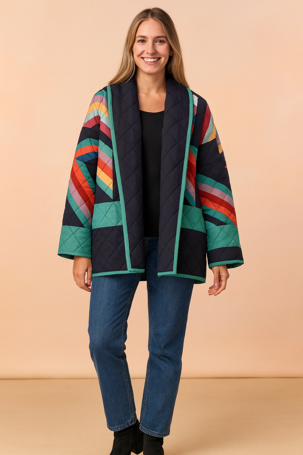 Quilted kimono-style jacket with bold geometric pattern in navy, teal, red, and multicolor accents, featuring a straight open front, wide sleeves, and precise diamond stitching details.