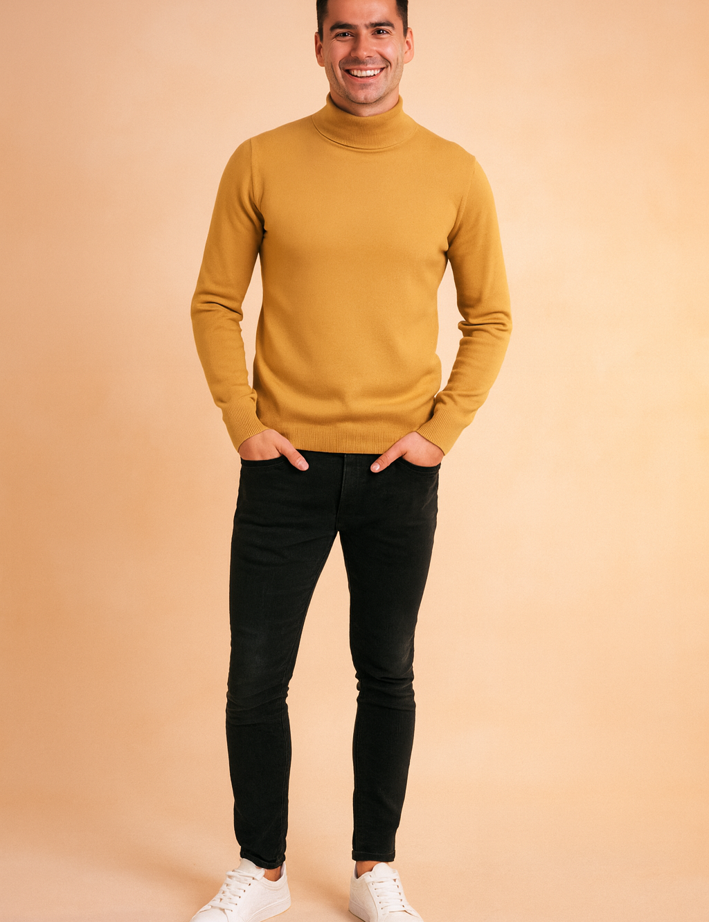 Men’s mustard yellow turtleneck sweater with ribbed cuffs and hem, styled with slim-fit black jeans and white sneakers.