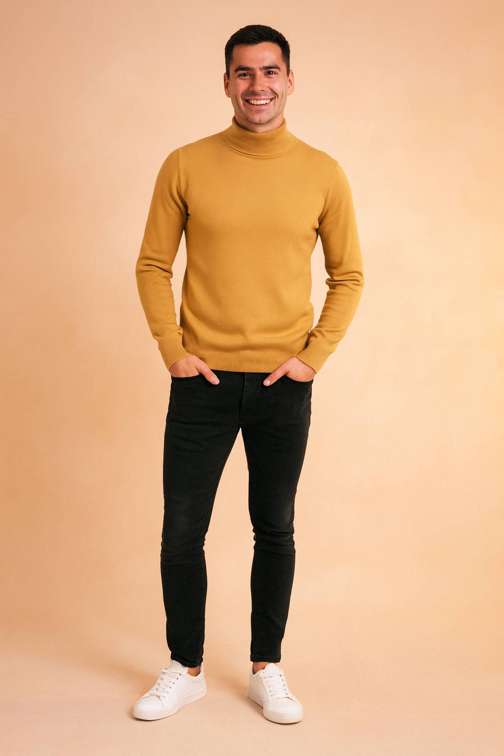 Men’s mustard yellow turtleneck sweater with ribbed cuffs and hem, styled with slim-fit black jeans and white sneakers.