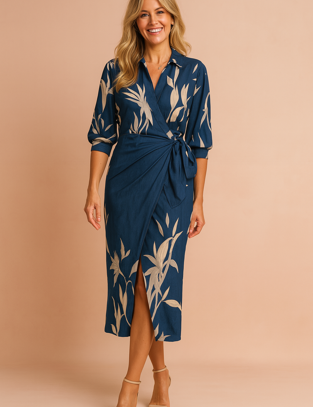 Navy blue botanical wrap dress with beige floral print, three-quarter sleeves, shirt collar, waist tie, and front slit detail in a midi-length silhouette.
